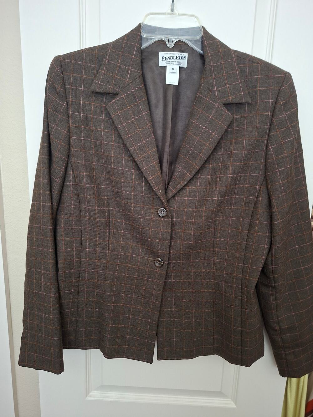 Pendleton Womens Vintage Wool Blazer Brown Pinstripe w/ Pink Orange Sz 12